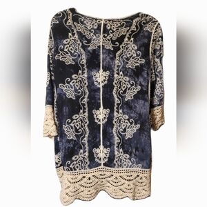 Navy Tie Die Embroidered Tunic Sz 18  Bohemian Revival Fairy Core